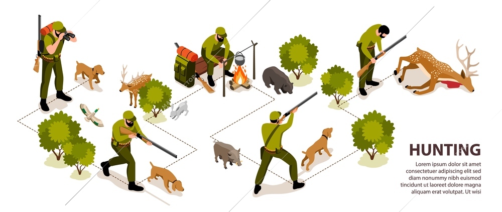 Hunter infographic set with gun and hunting dog isometric vector illustration