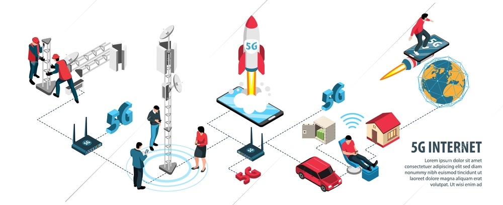 5g Internet infographic set with high speed symbols isometric vector illustration