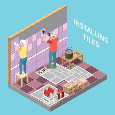 Ceramic tile installing background with two artisans glueing tiles to walls isometric vector illustration