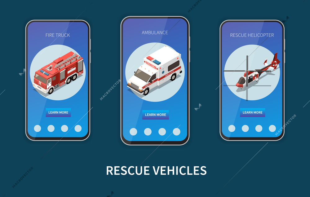 Rescue vehicles design concept with fire truck ambulance car and helicopter round icons on smartphone screens isometric vector illustration