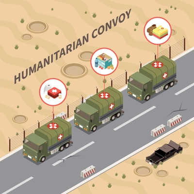 Humanitarian aid isometric background with officers providing humanitarian assistance using armed convoy vehicles vector illustration