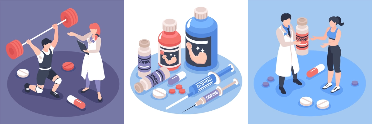 Doping in sports isometric design concept with various types of anabolic steroids and sportsmen taking drugs 3d isolated vector illustration