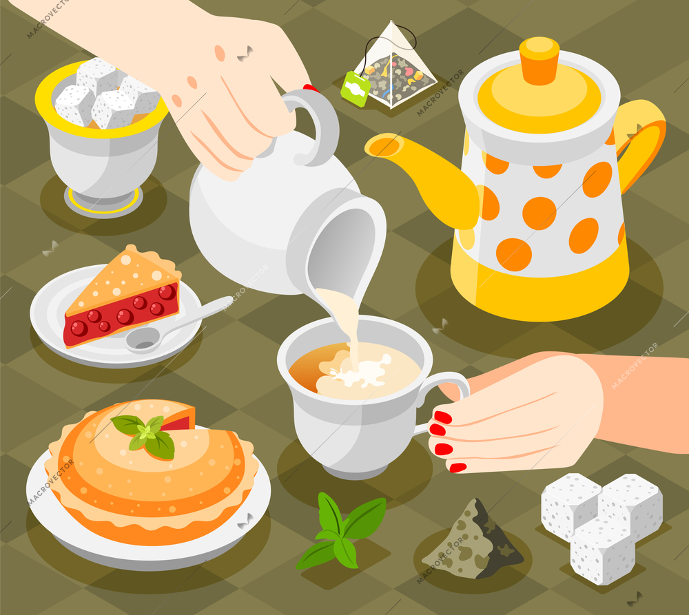 Tea day background with mint cake and milk isometric vector illustration