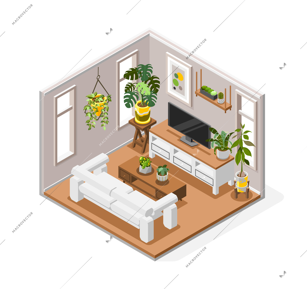 Plants composition with houseplants and interior decoration symbols isometric vector illustration