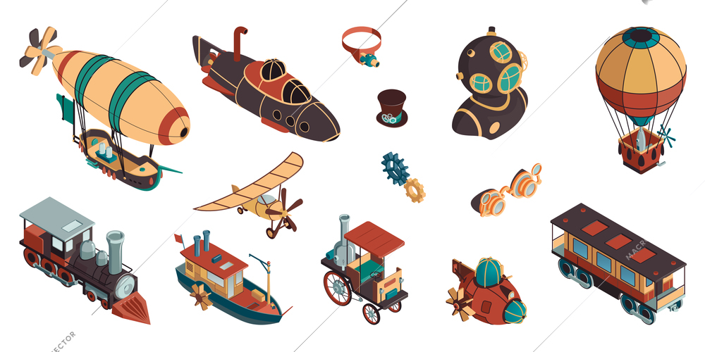 Steampunk cartoon color set of aerostat airplane submarine steam locomotive isometric icons isolated vector illustration