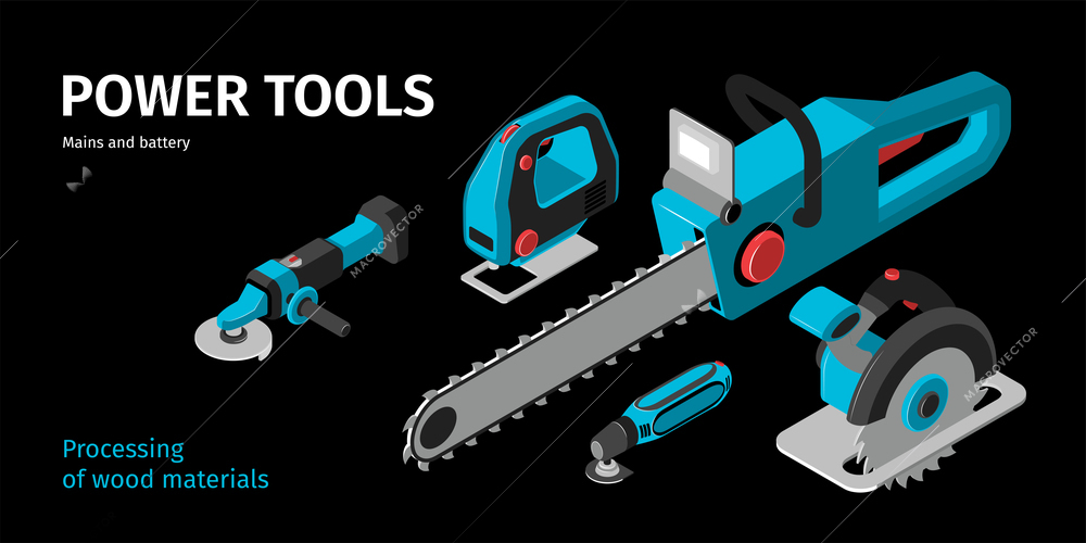 Power tools horizontal banner demonstrated instrument working from mains and with battery isometric vector illustration