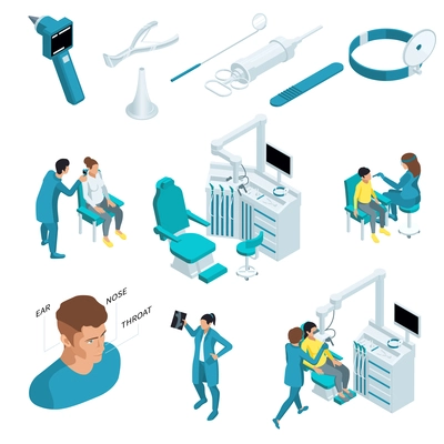 Otolaryngology isometric icon set with medical instruments machines tools stand and doctors vector illustration