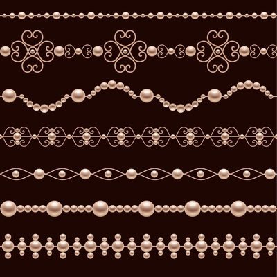 Classic jewelry pearl accessory decorative realistic borders set isolated vector illustration