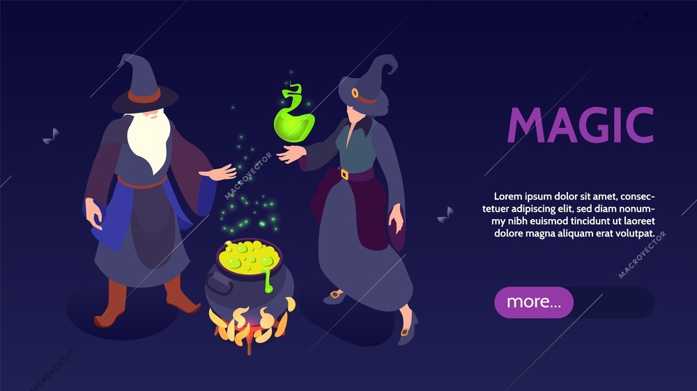 Isometric wizard magic horizontal banner with couple of wizards cooking potion editable text and slider button vector illustration