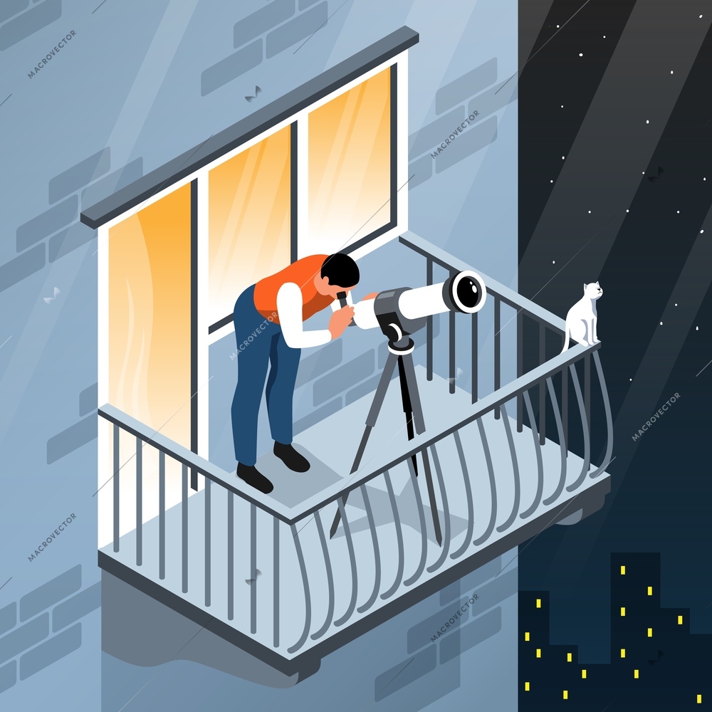 Astronomy isometric background with man studying galaxy through telescope from his balcony vector illustration