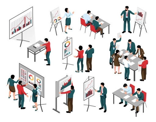 Business people isometric icons set of meeting lecture discussion presentation participants isolated vector illustration