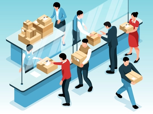 Post office horizontal background with working employees distributing parcels to incoming recipients isometric vector illustration