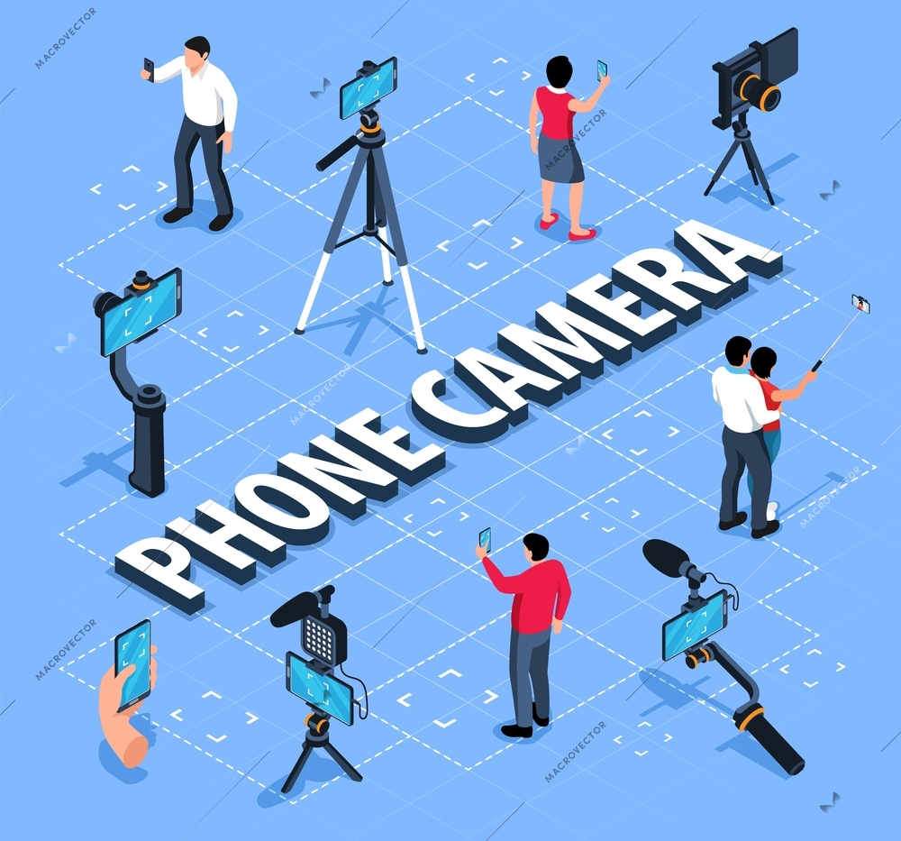 Phone camera isometric flowchart with social media people shooting video or taking selfie using smartphone vector illustration