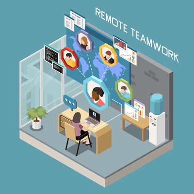 Remote management teamwork isometric concept with woman monitoring employees from her office 3d vector illustration