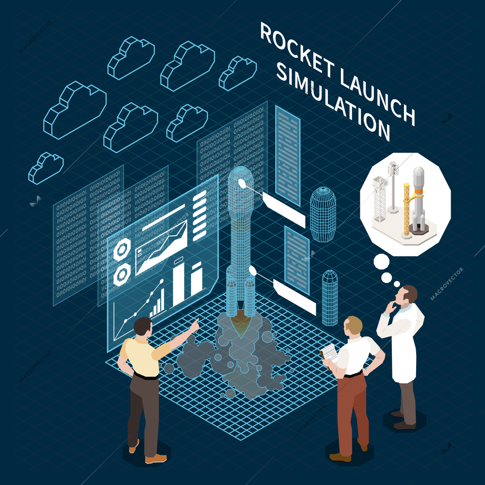 Digital twin technology composition with 3d rocket launch simulation process and three human characters on dark background vector illustration