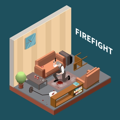 Wounded special agent or detective in room after firefight 3d isometric vector illustration