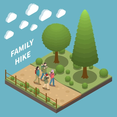 Family holidays composition with parents and children hiking in forest on colored background with clouds 3d isometric vector illustration