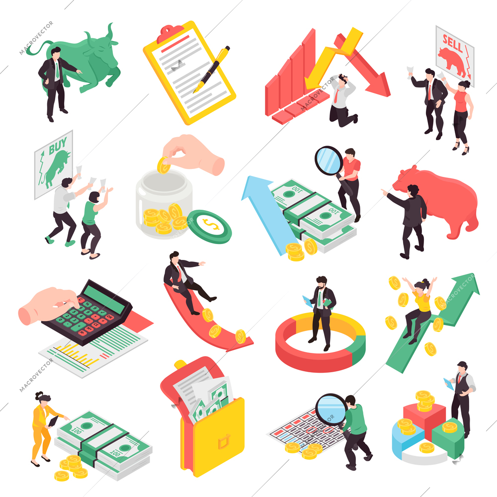 Finance isometric set with money stock market bull bear profit calculating characters of people isolated 3d vector illustration