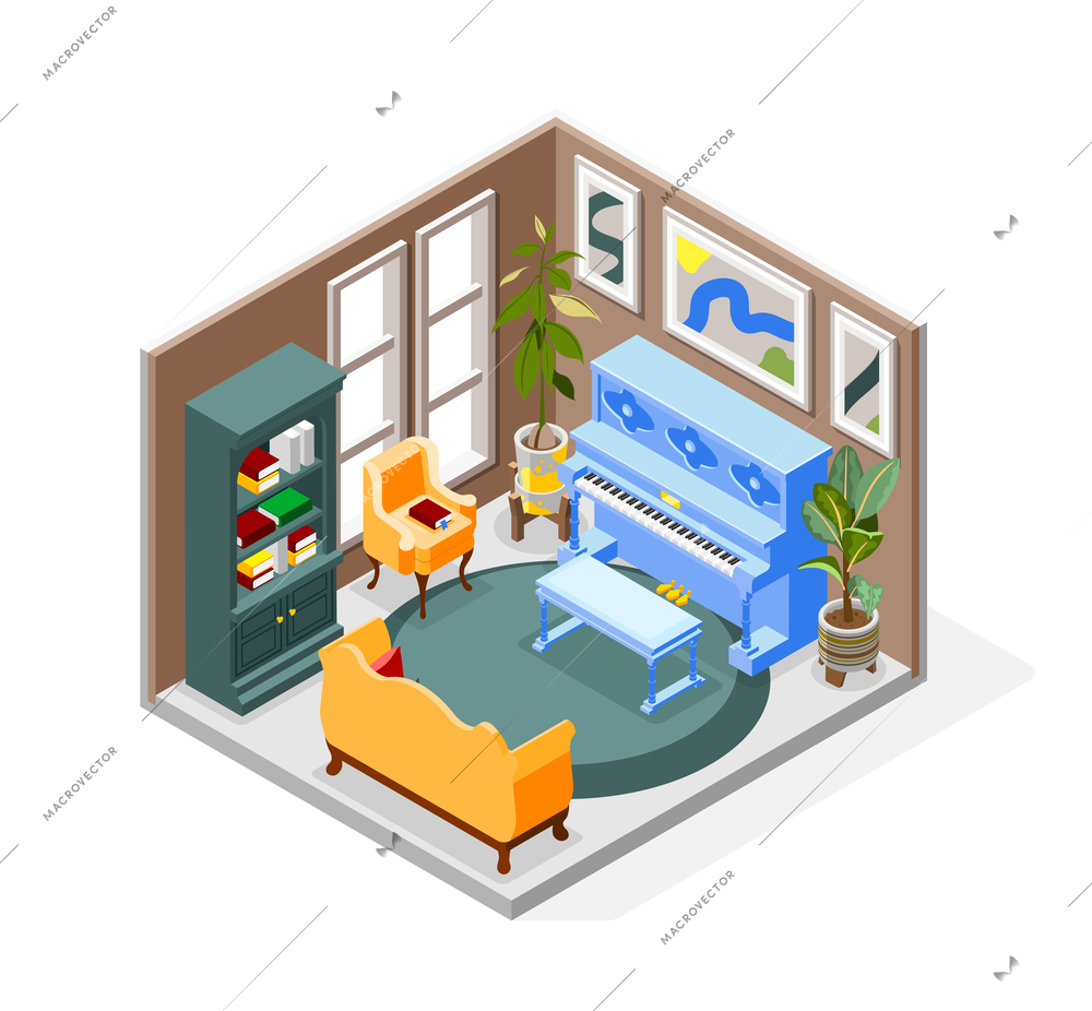 Antique interior isometric composition with indoor scenery with book cabinet piano wall paintings and soft furniture vector illustration