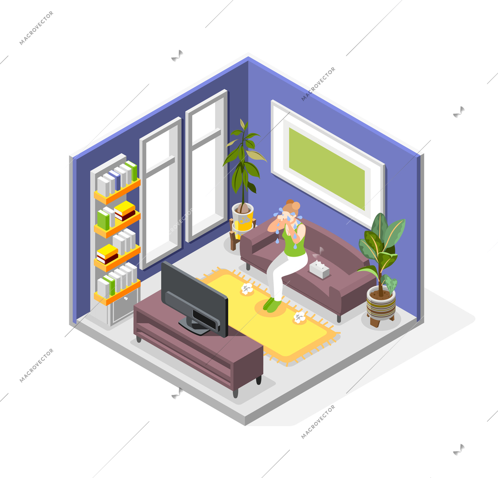 Pms woman isometric composition with female character crying on sofa in front of tv at home vector illustration