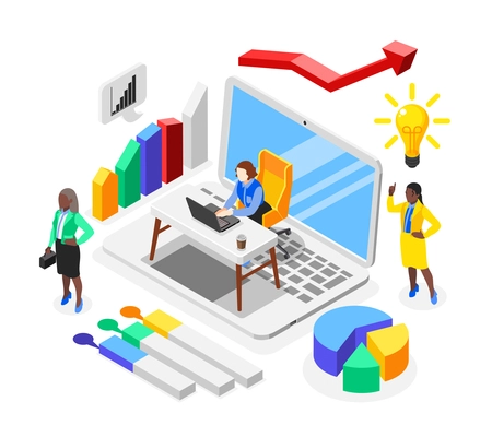 Business lady isometric composition with laptop and small female characters with infographic elements and lamp bulb vector illustration