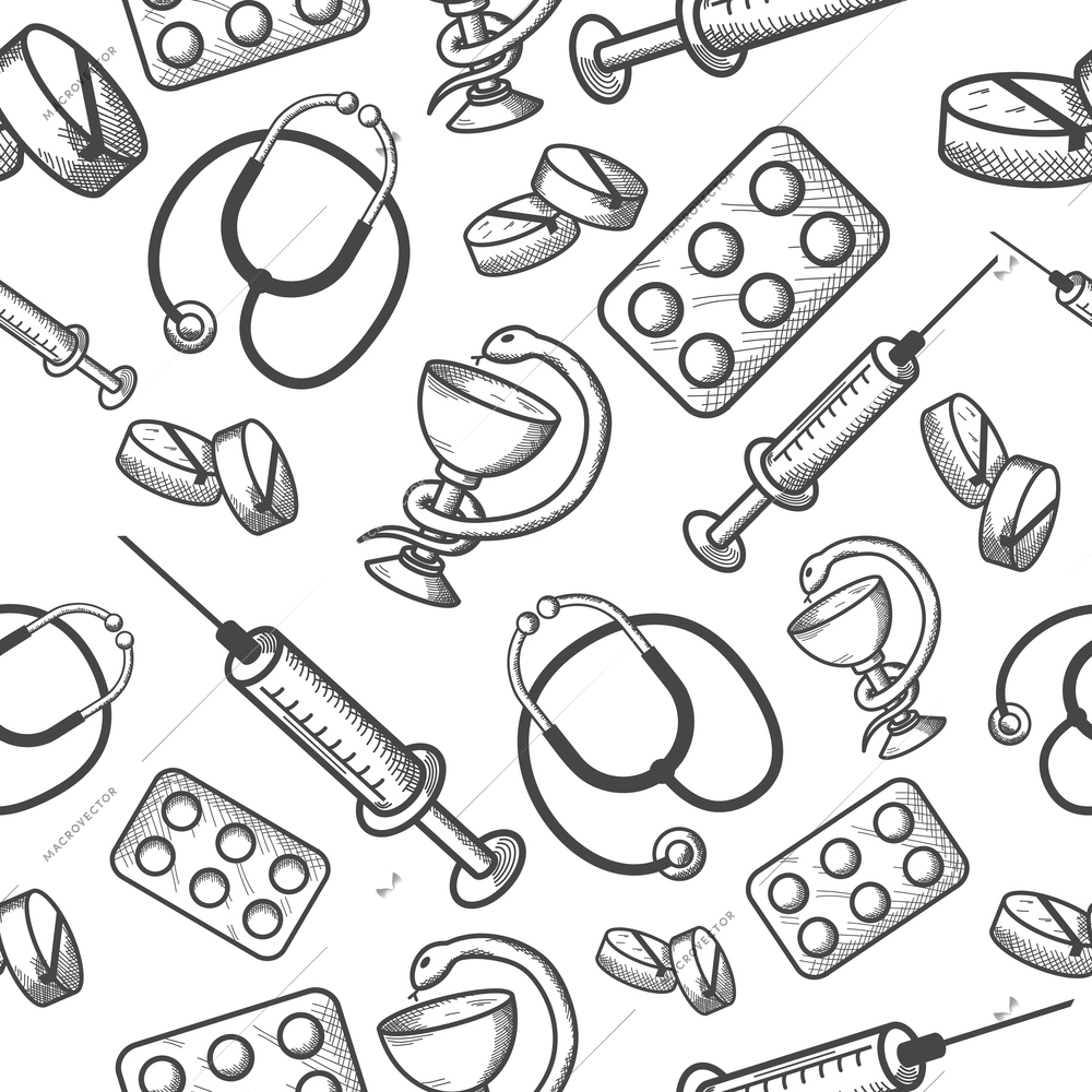 Seamless background of medical items of phonendoscope pills and syringe isolated vector illustration