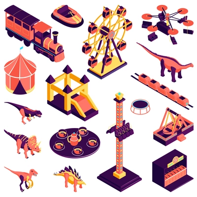 Amusement park set with dinosaurs and electric car isometric isolated vector illustration