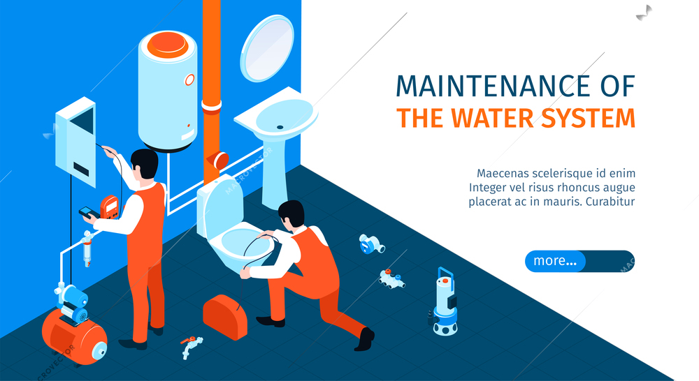 Pumps machinery horizontal banner with water system maintenance symbols isometric vector illustration