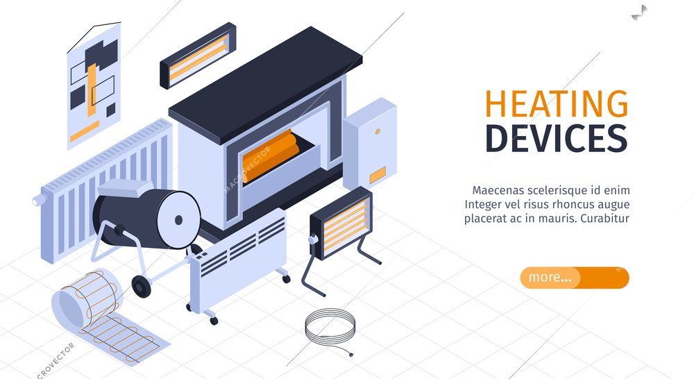 Heating system and boiler horizontal banner with convector and fireplace isometric vector illustration
