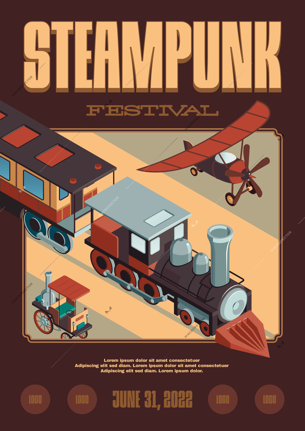 Steampunk vertical poster with editable text and event date with images of flying airplane and train vector illustration