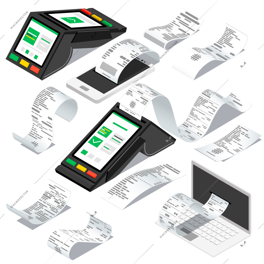 Receipt bill isometric set of isolated icons with paper reel and contactless payment devices with shadows vector illustration