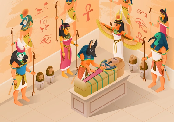 Egyptian mythology isometric background with ancient gods and people presenting at mummification ceremony of  pharaoh sarcophagus vector illustration