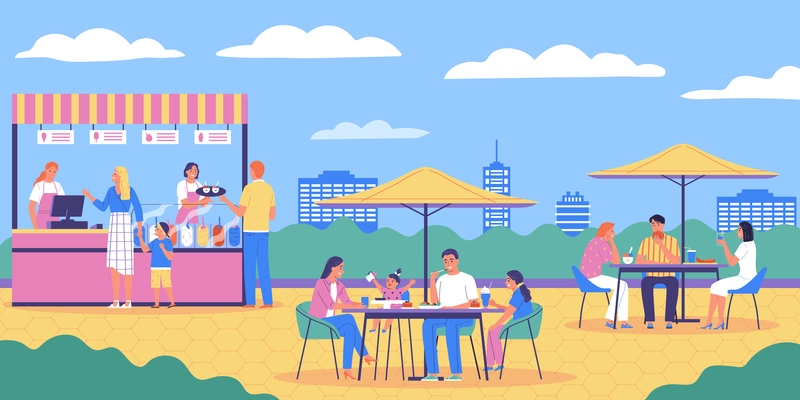 Summer canteen cafe composition with outdoor scenery food stall counter and visitors at tables under umbrellas vector illustration
