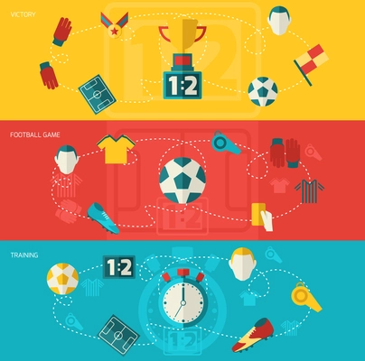 Soccer banners flat set with football game training victory isolated vector illustration