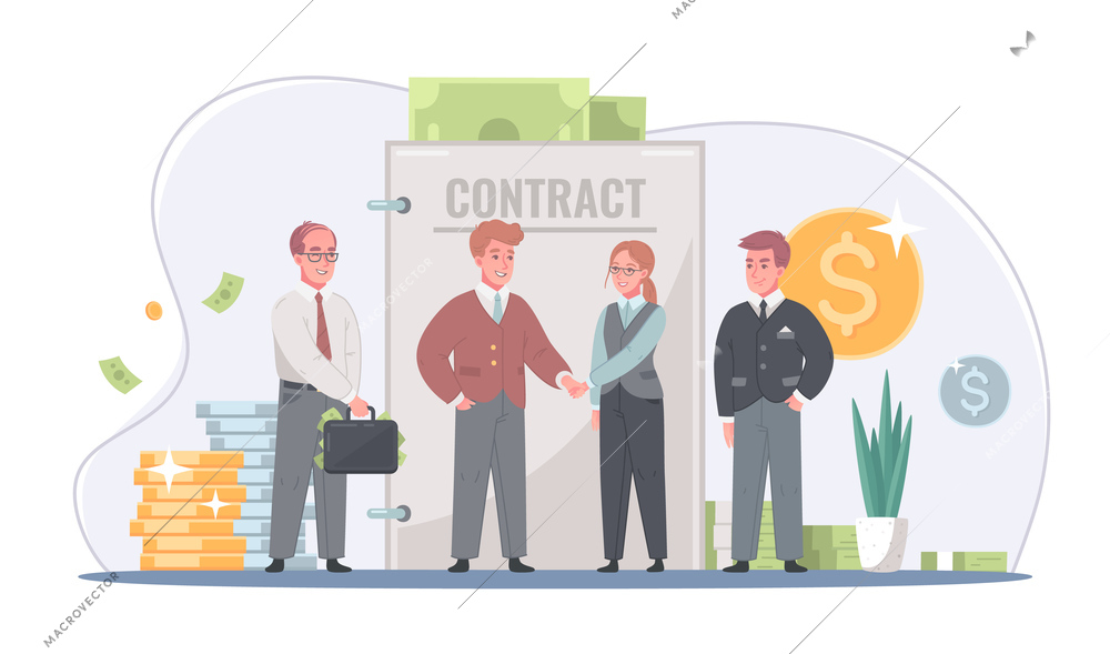 Achieving illegal contract agreements with bribe money cartoon composition with handshaking parties giving accepting banknotes vector illustration