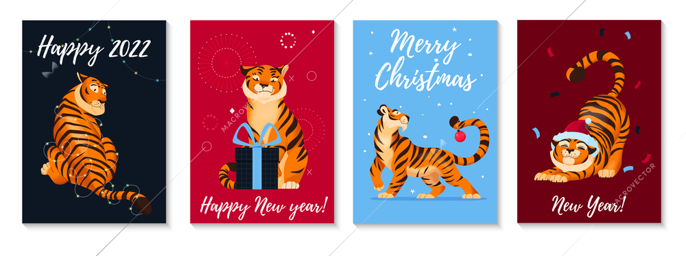 Tiger christmas poster set of four vertical compositions with cartoon style tiger gifts confetti and text vector illustration