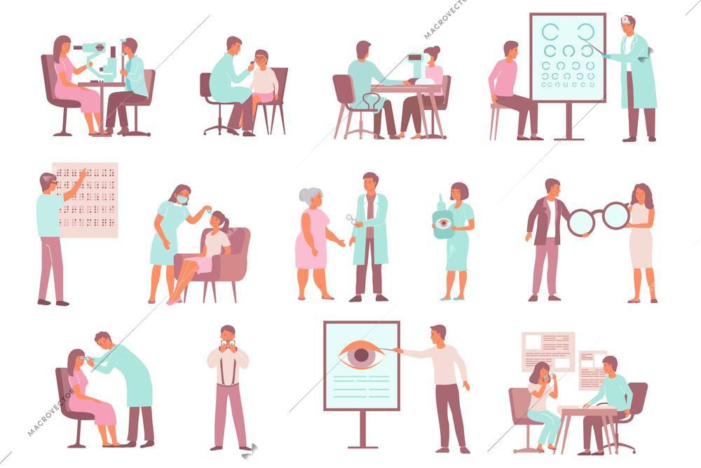 Set of isolated eye disease prevention flat icons with characters of ophthalmologists with patients and aid vector illustration