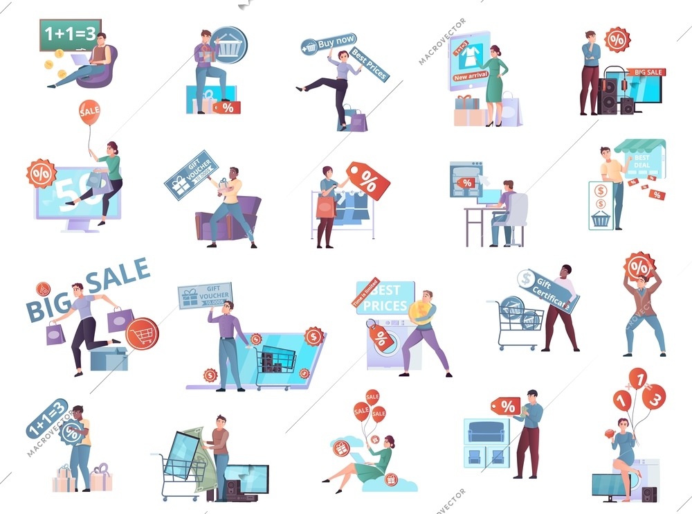 Sale people coupon set of flat isolated icons and human characters of shopping persons buying goods vector illustration
