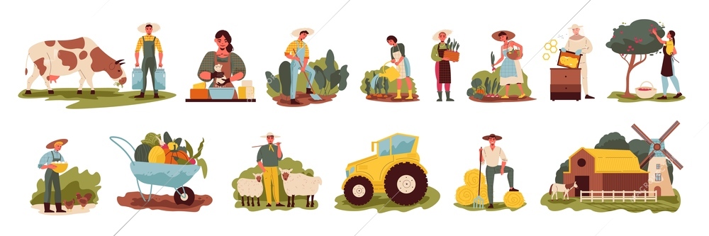 Farm icons set with agriculture symbols flat isolated vector illustration