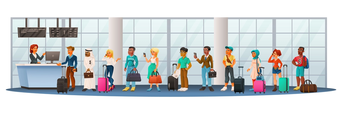 Cartoon characters diversity horizontal composition with queue to airport counter with international passengers flight check in vector illustration