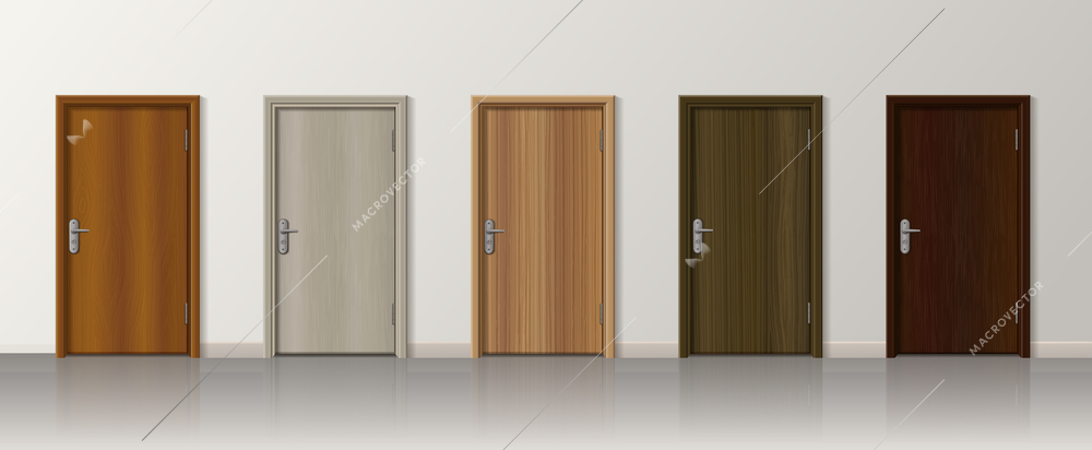 Set of five realistic doors with floor reflections and wall with wooden finish and metal handles vector illustration