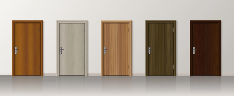 Set of five realistic doors with floor reflections and wall with wooden finish and metal handles vector illustration