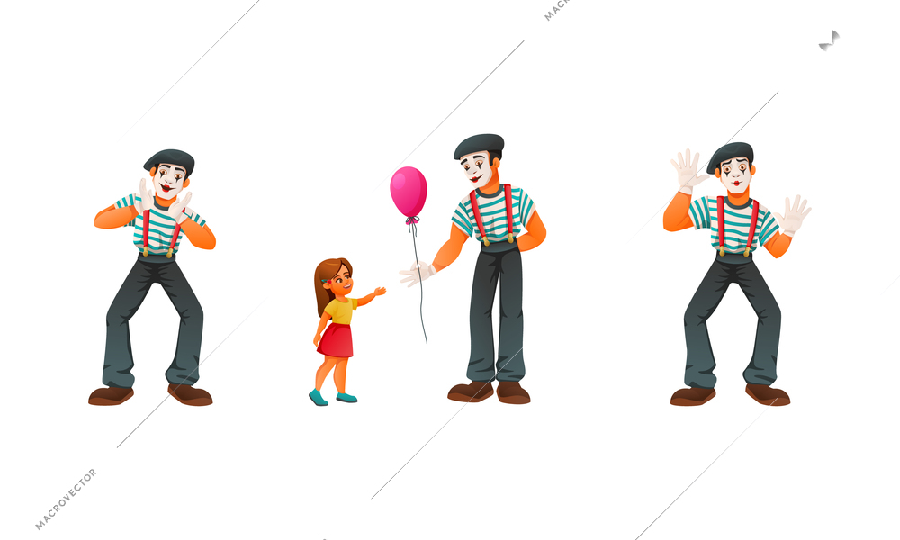 Street performer artist musician dancer cartoon set of isolated human characters with clown gestures and girl vector illustration