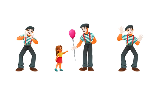 Street performer artist musician dancer cartoon set of isolated human characters with clown gestures and girl vector illustration