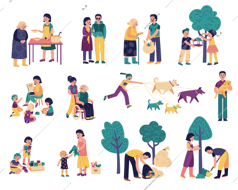 Volunteer charity social set of isolated icons with human characters of kids and adults volunteering works vector illustration