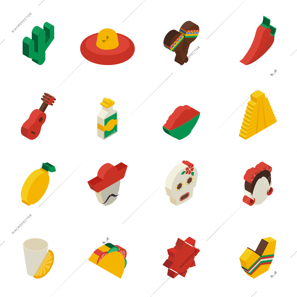 Mexican icons isometric set with  cactus lemon mask taco isolated vector illustration