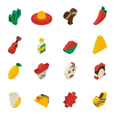 Mexican icons isometric set with  cactus lemon mask taco isolated vector illustration