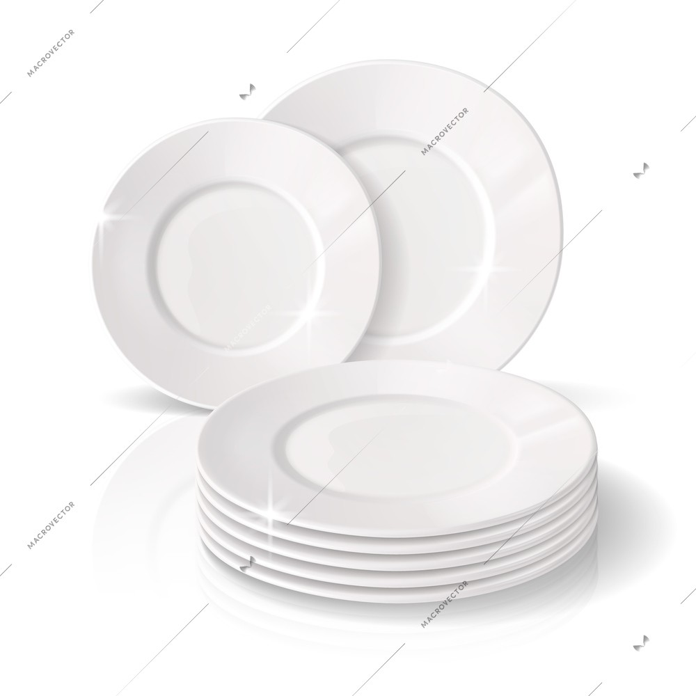 Dining set composition with white clean porcelain plates stack on white background in realistic style vector illustration