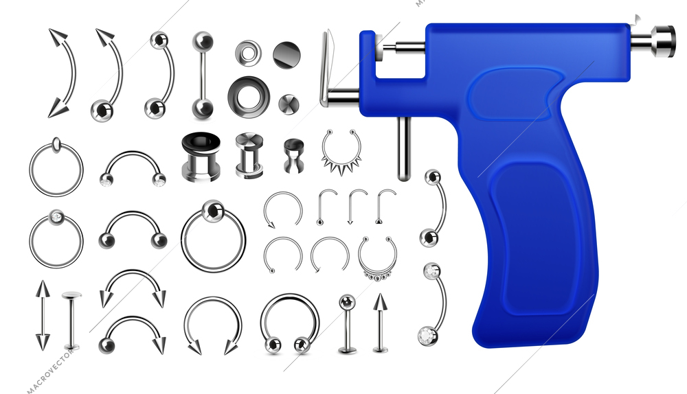 Realistic set of various piercing jewellery and professional gun isolated on white background vector illustration