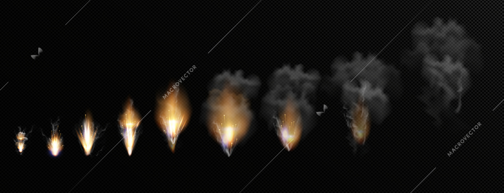 Explosion phases with flashes flame and smoke realistic set isolated on black background realistic vector illustration